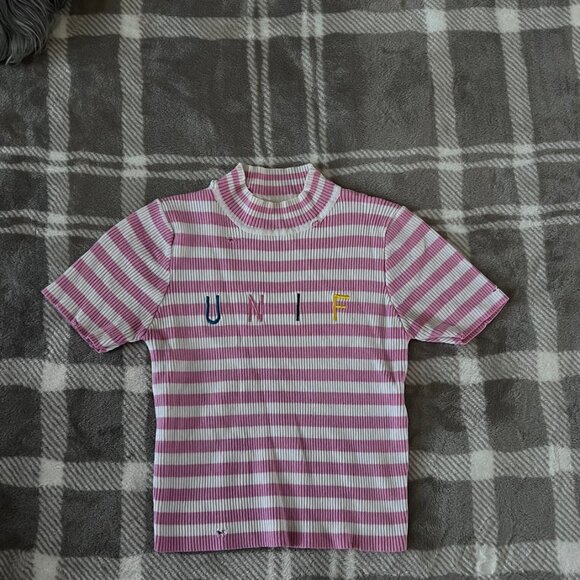 UNIF Pink Striped Distressed T-Shirt – Edgy & Casual - Picture 2 of 4